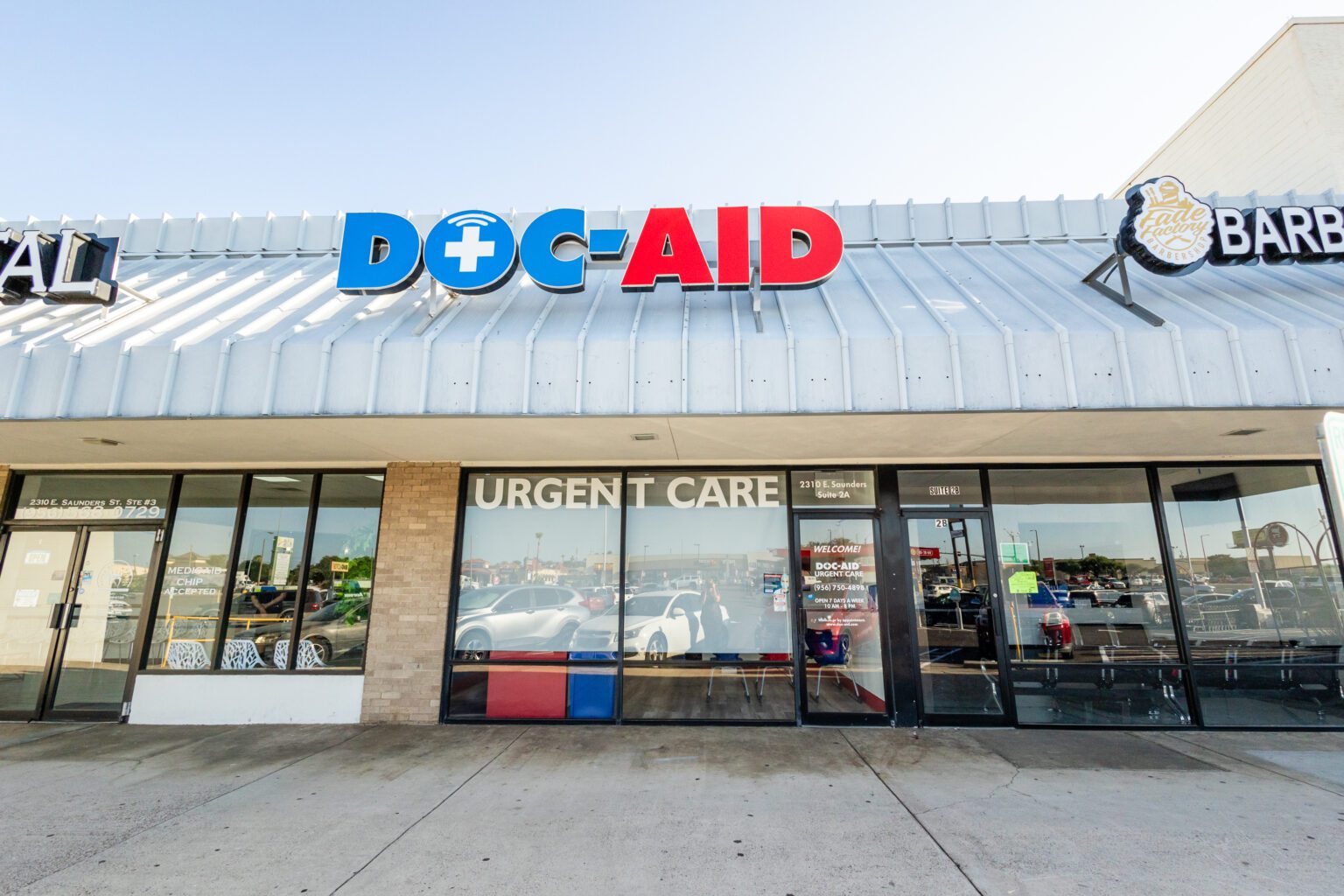 A large building with the word " doc-aid " on it.