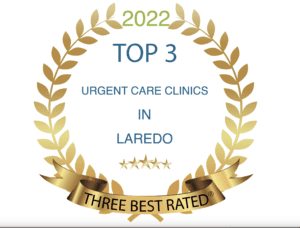 A gold wreath with the words " top 3 urgent care clinics in laredo 2 0 1 9 ".
