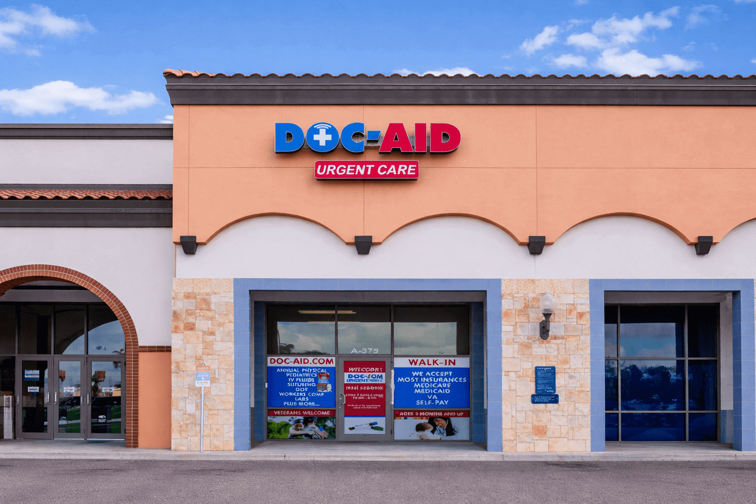 Urgent care clinic exterior with signage.