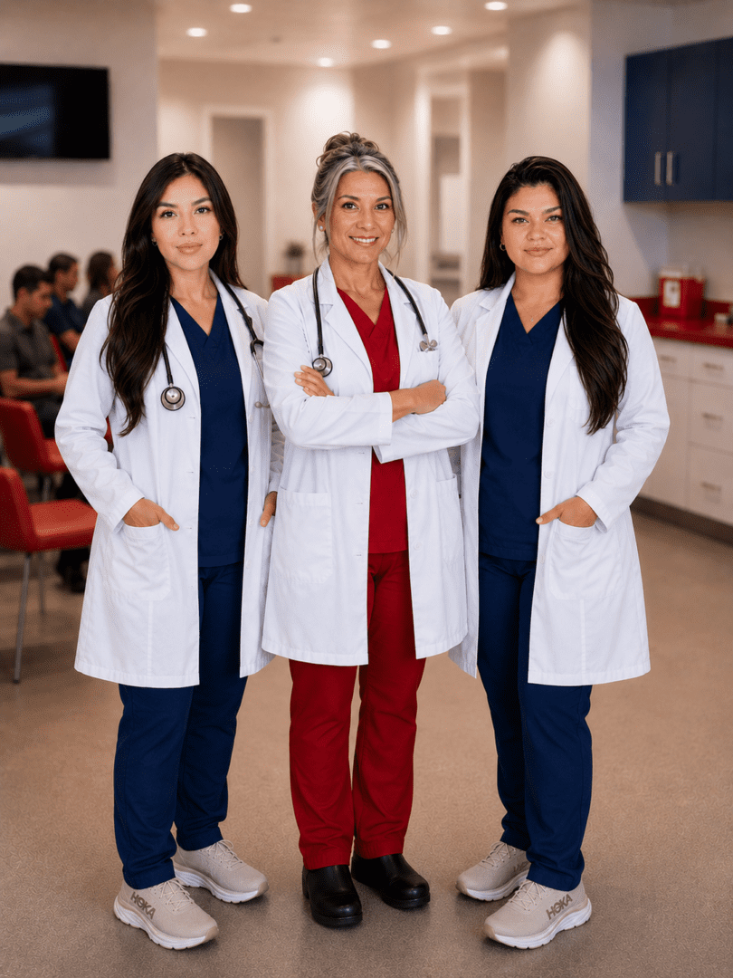 Three doctors in clinic wearing white coats
