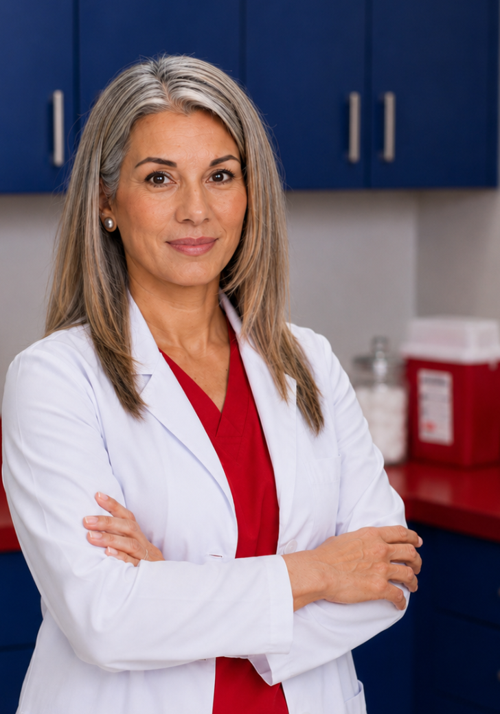 Female doctor in white coat, arms crossed